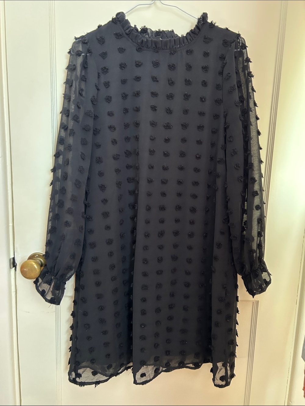 Black Textured Pom Pom Long-Sleeve Shift Dress